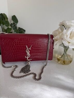 YSL Red Croc-Embossed Kate Tassel in Silver Hardware Shoulder Bag